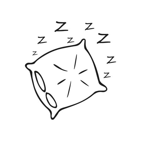 Single hand-drawn pillow with zzz sleep symbol. In doodle style, black outline isolated on a white background. For banners, cards, stickers, coloring books, design, business. Vector illustration.のイラスト素材