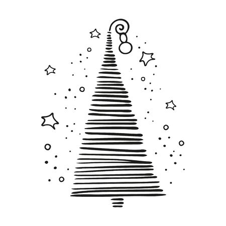 Christmas, New Year linear concept with simple minimalist xmas tree in doodle style. Isolated on white background. Winter elements for cards, coloring book, stickers. Hand drawn vector illustration.のイラスト素材