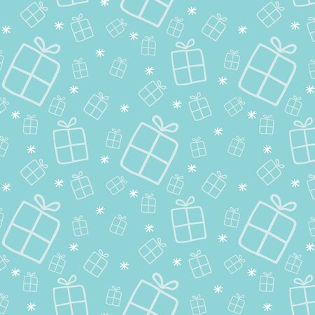 Christmas New Year seamless pattern with simple minimalist Xmas gift boxes in doodle style. Hand drawn texture for greeting cards, fabric, wrapping paper design. Vector illustration in pastel colours.のイラスト素材