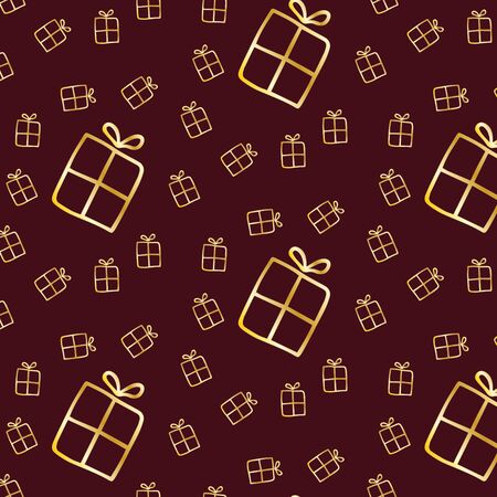 Christmas, New Year seamless pattern with simple gold Xmas gift boxes on dark background in doodle style. Hand drawn texture for greeting cards, fabric or wrapping paper designs. Vector illustration.のイラスト素材