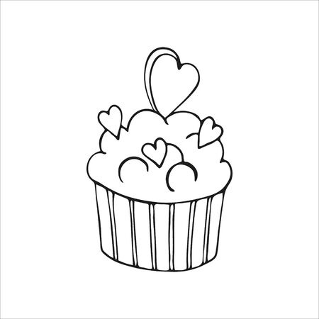 Single hand drawn cupcake decorated with hearts. In doodle style, black outline isolated on a white background. Cute element for design banner, card, stickers. Valentine's day vector illustration.のイラスト素材