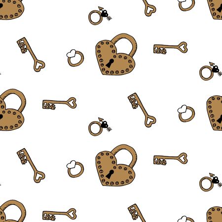 Valentine's day seamless pattern with gold elements in doodle style. Heart shaped padlock, key, ring. Cute hand drawn texture for greeting cards, fabric, wrapping paper. Vector illustration.のイラスト素材