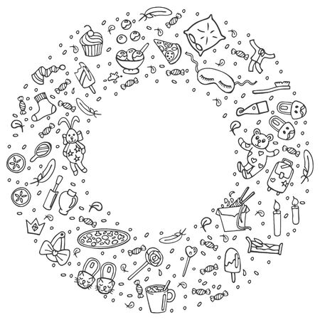 Pajama party linear concept in circle with space for text. Sleepover or slumber party objects in doodle style. For banners, invitation card, stickers, design. Cute hand drawn vector illustration.のイラスト素材