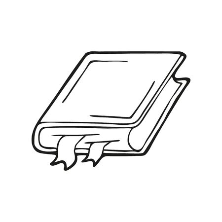 Single hand drawn book with bookmarks, diary. In doodle style, black outline isolated on a white background. Cute element for card, social media banner, stickers. Vector illustration.のイラスト素材