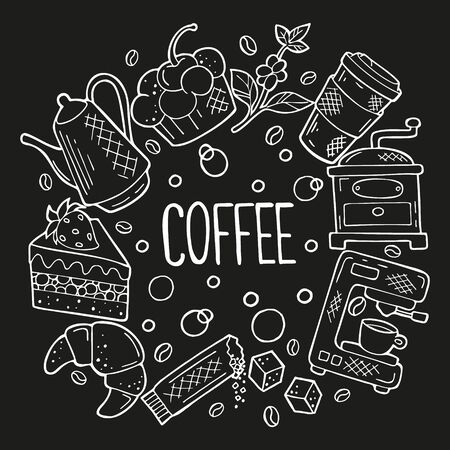 Hand drawn round concept with coffee and dessert icons in doodle style. White outline on black background or chalkboard. Cute template for coffee shop, cafe, menu, cards, banners. Vector illustration.のイラスト素材
