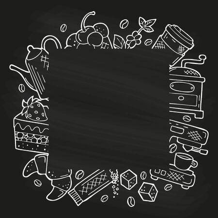 Hand drawn frame with coffee and dessert icons in doodle style. White outline on a black background or chalkboard. Cute template for coffee shop or cafe, menu, cards, banners. Vector illustration.のイラスト素材