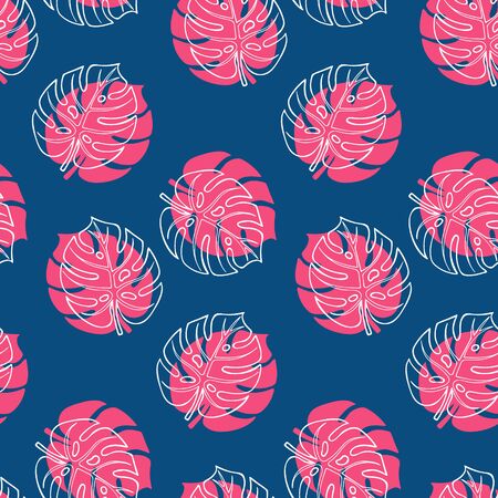 Hand drawn abstract seamless pattern with pink and white monstera leaves. Exotic tropical leaves isolated on a blue background. Cute template for cards, fabric, wrapping paper. Vector illustration.のイラスト素材