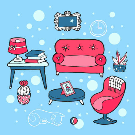 Colorful hand drawn set of furniture for cozy house. In doodle style, isolated on light blue background. Cute element for card, social media banner, sticker, print, decoration. Vector illustration.のイラスト素材