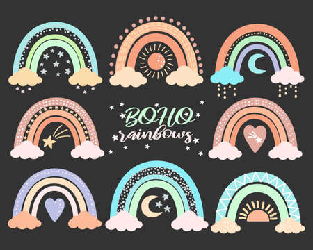 Boho Nursery Rainbow set in trendy Scandinavian style, isolated on black background. Cute hygge illustration for poster, textile, greeting card, kids playroom wall decor. Hand drawn doodle prints.のイラスト素材