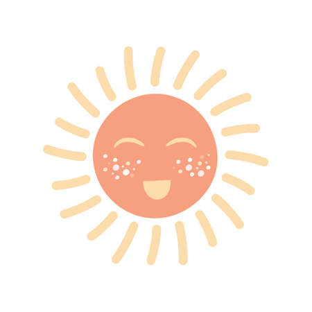 Cute hand drawn sun. Boho nursery doodle icon isolated on white background. Cartoon clipart for baby shower, greeting card, kids bedroom decor, birthday party, textile of apparel. Vector illustration.のイラスト素材