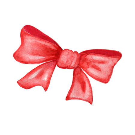 Red watercolor bow isolated on a white background. Cute Christmas, New year or Valentine element for greeting cards, textile, wrapping paper, banners, stickers design, kids playroom wall decor.の写真素材
