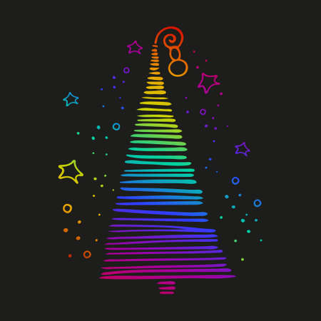 Simple rainbow xmas tree and fireworks in doodle style. Isolated on black background. Christmas, New Year, winter element for design cards, stickers, posters. Hand drawn vector illustration.のイラスト素材