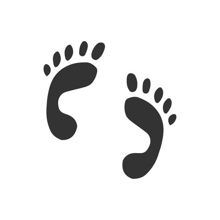 Hand drawn human footprint. Baby foot prin. In doodle style, black silhouette isolated on a white background. Cute element for design cards, social media banners, stickers. vector illustration.のイラスト素材