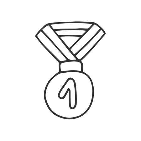 Single hand drawn medal for winner. In doodle style, black outline isolated on white background. Cute element for card, social media banner, sticker, decoration kids playroom. vector illustration.のイラスト素材