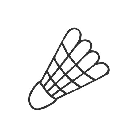Single, hand drawn shuttlecock. In doodle style, black outline isolated on white background. Cute element for card, social media banner, sticker, print, decoration kids playroom. vector illustration.のイラスト素材