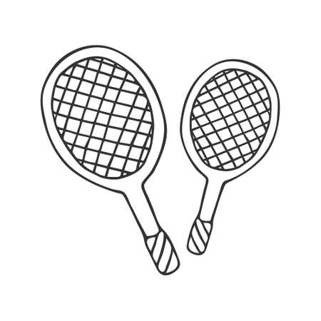 Hand drawn badminton or tennis rackets. In doodle style, black outline isolated on white background. Cute element for card, social media banner, sticker, print, decoration. vector illustration.のイラスト素材