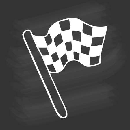 Single hand drawn checkered racing flag. Starting flag auto and moto racing. In doodle style, white outline isolated on a chalkboard. Cute vector element for card, social media banner, sticker.のイラスト素材