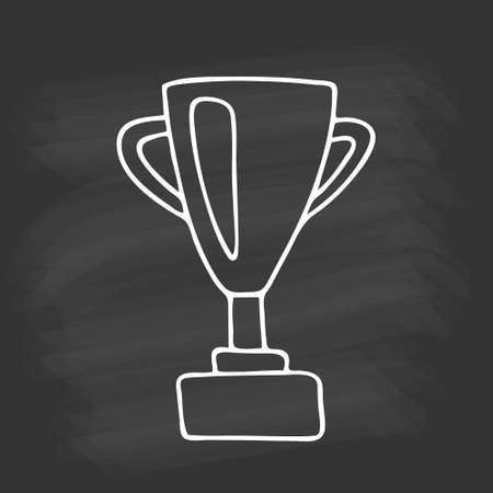 Hand drawn trophy Cup for winner on chalkboard. White outline on black background. Cute element in doodle style for card, social media banner, sticker, decoration kids playroom. vector illustration.のイラスト素材