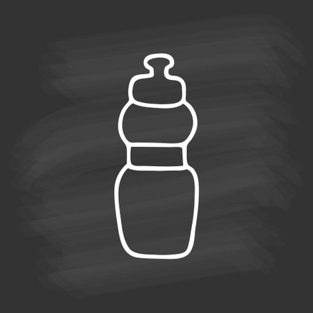 Hand drawn sport water bottle on chalkboard. White outline on black background. Cute element in doodle style for card, social media banner, sticker, decoration kids playroom. vector illustration.のイラスト素材