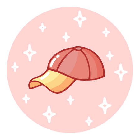 Cute hand-drawn baseball cap in doodle cartoon style. Round composition in neutral candy colors. Kawaii element for card, social media banner, sticker, print, decoration kids playroom. Vector.のイラスト素材