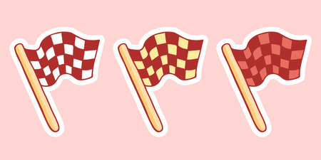 Cute hand-drawn set of checkered racing flag in doodle cartoon style. Round composition in neutral candy colors. Kawaii element for card, social media banner, sticker, kids playroom decor. Vector.のイラスト素材