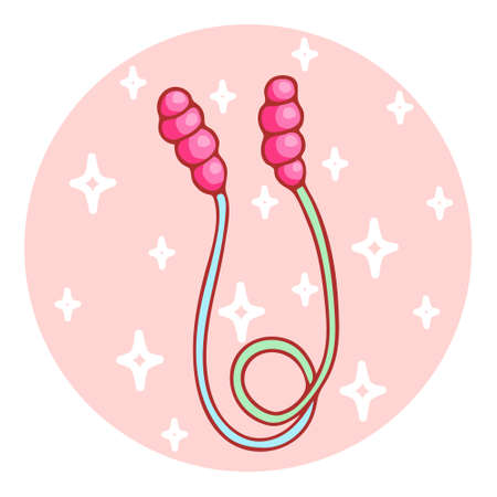 Cute hand-drawn skipping rope in doodle cartoon style. Round composition in neutral candy colors. Kawaii element for card, social media banner, sticker, decoration kids playroom. vector illustration.のイラスト素材