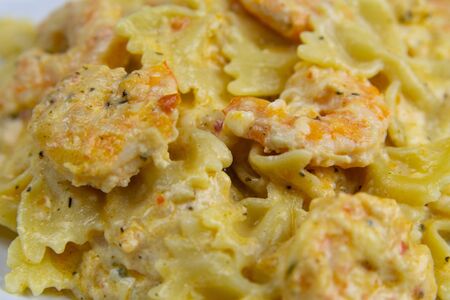 pasta shrimp cream sauce and seafood prawn menu concept. food background. top view.の写真素材