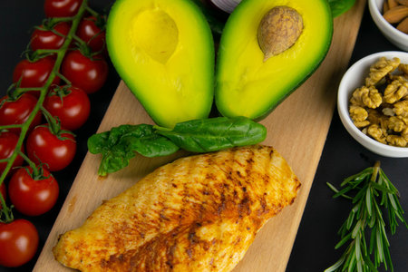 Ketogenic diet concept. A set of products of the low carb keto diet. Green vegetables, nuts, chicken...