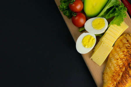 Ketogenic diet concept. A set of products of the low carb keto diet. Green vegetables, nuts, chicken...