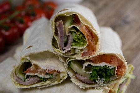 Healthy food on old wooden background. Concept of proper nutrition. Top view. Flat lay.の写真素材