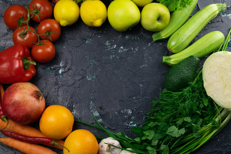 Fresh vegetables and fruits, laid out in a circle of free space, on the compositionare: apples,...