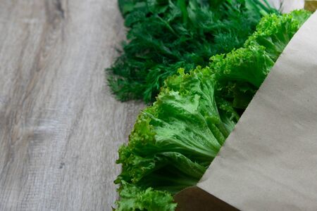 Background of Various Fresh Greens with Lettuce, Basil, Dill and Parsley. Top views with clear spaceの写真素材