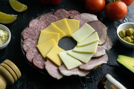 Grey plate with cheese and mozzarella on a black background, around the salami and ham, tomato,...