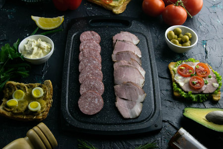Grey cutting board with salami and ham. Around tomato, souce, olives, lemon, olive oil with spice...