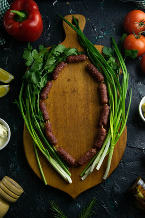 Clear space on a wooden board, around the sausages, green onions, tomato, souce, olives, lemon, spice, dill and parsley. Top viewsの写真素材
