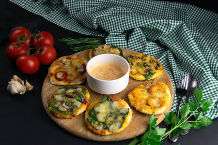 Small mini pizza and souce. Set of different mini pizzas. On a tray pizza: with shrimp, with...