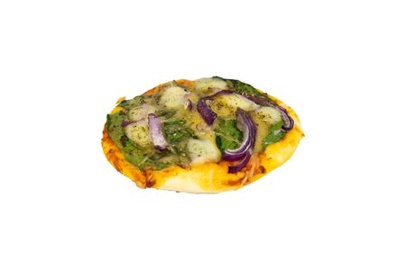 Small mini pizza with spinach, onion and cheese isoleted on white background. Front viewsの写真素材