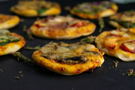 Small mini pizza. Set of different mini pizzas. Pizza: with shrimp, with mushrooms, with spinach and onions, with bacon, with paperoni, with tomatoes. Front viewsの写真素材