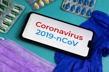 Coronavirus 2019-nCoV. Corona virus outbreaking. Epidemic virus Respiratory Syndrome. Mask, tablets...