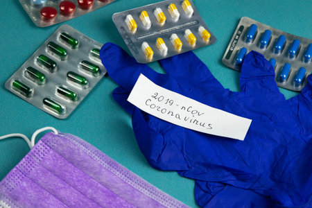Coronavirus 2019-nCoV. Corona virus outbreaking. Epidemic virus Respiratory Syndrome. Mask, tablets...