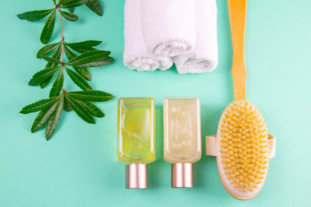 Three towels, body care oils, a green branch and a brush stand on a green background. The concept of...