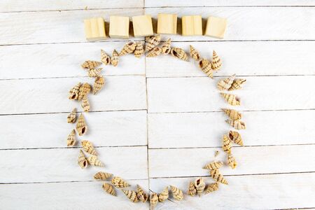 The shells are arranged in a circle, there is room inside for a message together with the wood cubes on which you can write the text.の写真素材