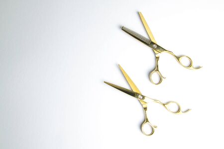 Open scissors for haircut isolated on a white background. Top viewsの写真素材