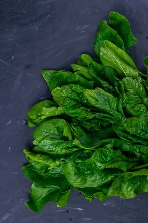 Freshly picked spinach on the black slate board, top view, Space for text Background for a recipe.の写真素材