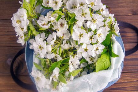 Blossoming apple branches in a package on wooden table. Top views.の写真素材