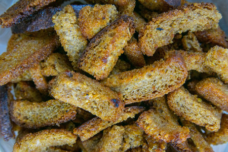 Dried white breadcrumbs. Top views. Close-up. Background Texture
