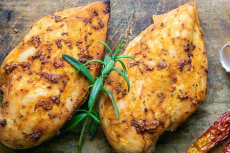Spicy baked chicken breast with peper, rosemary an garlic on wooden cutting board on wooden table....
