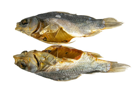 Dried salted crucian fishes isolated on white background. Snack to beer.