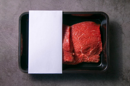 Two steaks in vacuum packaging isolated on gray table background, top view with clear space