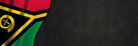 Vanuatu flag on concrete wall. Banner with fabric texture of the flag of Vanuatu.の写真素材